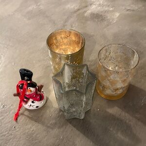 Set of Decorative Candle Holders and Snowman Ornament
